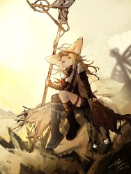 Rule 34 | 1girl, absurdres, animal ears, antenna hair, arknights, armband, black footwear, black jacket, black scarf, black thighhighs, blonde hair, boots, commentary, dated, flower, fox ears, fox girl, fox tail, goggles, goggles on head, grey shirt, highres, holding, holding staff, id card, jacket, long hair, looking at viewer, luan teng, official alternate costume, scarf, shirt, signature, single thighhigh, sitting, sky, solo, staff, suzuran (arknights), suzuran (lostlands flowering) (arknights), symbol-only commentary, tail, thigh strap, thighhighs, white flower, yellow eyes, yellow sky