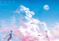 Rule 34 | 2others, amputee, androgynous, antarcticite, aqua eyes, aqua hair, blue eyes, blue sky, breaking, cloud, day, from side, full moon, gem uniform (houseki no kuni), gloves, golden arms, green hair, houseki no kuni, moon, multiple others, necktie, outdoors, outstretched arm, outstretched hand, phosphophyllite, short hair, sky, spoilers, white hair, xrheax