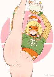Rule 34 | 1girl, arms (game), bandages, beanie, blonde hair, bottomless, breasts, cleft of venus, defloration, egg, exercising, female focus, food, green eyes, hat, highres, holding, holding food, meme, min min (arms), navel, noodles, one eye closed, pussy, ramen, red hat, ringed eyes, simple background, smile, solo, solo focus, split, standing, standing on one leg, standing split, starpeace, thick thighs, thighs, wink