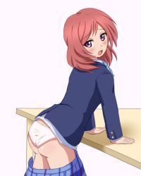 Rule 34 | 10s, 1girl, ass, blush, butt crack, clothes pull, leaning, leaning forward, looking back, love live!, love live! school idol project, nishikino maki, oomugi towai, open mouth, panties, pink hair, purple eyes, school uniform, shiny skin, short hair, skirt, skirt pull, solo, underwear