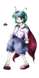Rule 34 | 1girl, antennae, arthropod girl, bad anatomy, bad hands, blue eyes, bug, cape, female focus, green hair, imperishable night, official art, pants, pigeon-toed, poorly drawn, short hair, simple background, solo, touhou, transparent background, white background, wriggle nightbug, zun (artist)