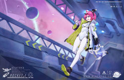 Rule 34 | 1girl, collared jacket, english text, fogriver, hair between eyes, hair ornament, jacket, open mouth, original, pink hair, planet, purple eyes, satellite, shoes, sneakers, suit jacket, tail, watermark, web address, wide shot