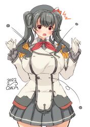 Rule 34 | 1girl, alternate costume, artist name, beans, beret, black hair, blush, breasts, buttons, cosplay, cowboy shot, double-breasted, embarrassed, epaulettes, frilled sleeves, frills, gloves, grey skirt, hat, highres, jacket, jingei (kancolle), kantai collection, kashima (kancolle), kashima (kancolle) (cosplay), large breasts, long hair, long sleeves, military, military jacket, military uniform, miniskirt, neckerchief, one-hour drawing challenge, owa (ishtail), pleated skirt, red eyes, red neckerchief, setsubun, simple background, skirt, solo, soybean, sweatdrop, throwing, twintails, uniform, white background, white gloves, white jacket