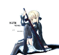 Rule 34 | 00s, 1girl, arm support, artoria pendragon (all), artoria pendragon (fate), black dress, black panties, black thighhighs, blonde hair, bow, brown eyes, dress, excalibur morgan (fate), fate/stay night, fate (series), gothic lolita, hair bow, lace, lace-trimmed legwear, lace trim, lolita fashion, nekou izuru, official alternate costume, panties, pantyshot, saber (fate), saber alter, shoes, sitting, solo, sword, thighhighs, underwear, weapon
