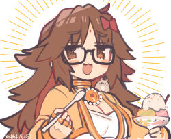 Rule 34 | 1girl, bindi, black-framed eyewear, blush, bow, breasts, brown eyes, brown hair, cleavage, commentary request, fate/extra, fate/extra ccc, fate/grand order, fate (series), food, ganesha (fate), glasses, hair bow, holding, holding spoon, ice cream, jewelry, jinako carigiri, large breasts, long hair, looking at viewer, open mouth, ring, solo, spoon, sprinkles, very long hair, white background, yuzuki gao