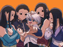 Rule 34 | 5boys, black eyes, black hair, blue eyes, brothers, crossed arms, detached sleeves, empty eyes, expressionless, hair slicked back, hand on another&#039;s head, hand on own face, hands up, highres, holding, holding needle, holding weapon, hunter x hunter, illumi zoldyck, killua zoldyck, long hair, long sleeves, male focus, multiple boys, multiple persona, needle, no bangs, scared, siblings, smile, sweatdrop, thicopoyo, turn pale, weapon, white hair