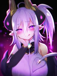 Rule 34 | 1girl, ahoge, blush, closed mouth, demon tail, eteru (mofuaki), glowing, glowing eyes, horns, looking at viewer, mofuaki, original, pointy ears, purple eyes, short hair, smile, solo, tail, tongue, tongue out, upper body, white hair