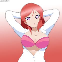 Rule 34 | 1girl, :o, absurdres, alter real zero, artist name, artist request, blush, bra, breasts, collarbone, collared shirt, female focus, hair between eyes, hair over shoulder, hands over head, highres, large breasts, long sleeves, looking at viewer, love live!, love live! school idol project, nishikino maki, parted lips, pink bra, purple eyes, red hair, shirt, short hair, smile, solo, underwear, white shirt