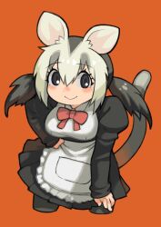 Rule 34 | 1girl, animal ears, apron, black eyes, black hair, bow, bowtie, extra ears, grey hair, highres, kemono friends, long hair, looking at viewer, maid, maid apron, multicolored hair, orange background, pantyhose, possum ears, possum girl, possum tail, rinx, shirt, simple background, skirt, solo, tail, twintails, two-tone hair, white-eared opossum (kemono friends)