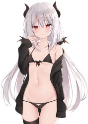 1girl, bare shoulders, bikini, black bikini, black jacket, breasts, collarbone, demon girl, demon horns, eyebrows visible through hair, front-tie bikini, front-tie top, gluteal fold, groin, hair bobbles, hair ornament, hand up, horns, jacket, kamu (geeenius), long hair, long sleeves, looking at viewer, low twintails, navel, off shoulder, open clothes, open jacket, original, red eyes, silver hair, slit pupils, small breasts, smile, solo, stomach, string bikini, swimsuit, thigh gap, thigh strap, thighs, twintails, very long hair, white background