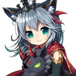 Rule 34 | 1girl, ahoge, animal ears, cape, cat ears, character doll, detached sleeves, dress, eyepatch, green eyes, heart, heart-shaped pupils, highres, holding, horns, kozakura (dictionary), looking at viewer, puzzle &amp; dragons, romia (p&amp;d), silver hair, simple background, smile, solo, symbol-shaped pupils, tiara, white background, zuoh (p&amp;d)