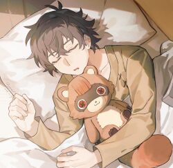 Rule 34 | 1boy, alternate costume, antenna hair, bed, bed sheet, black hair, closed eyes, collarbone, commentary request, dated, dopperu ben, drooling, green shirt, hair between eyes, highres, holding, holding stuffed toy, hugging doll, hugging object, indoors, iwatani naofumi, long sleeves, lying, male focus, messy hair, mouth drool, on back, on bed, open mouth, pillow, raph-chan, shirt, short hair, signature, sleeping, solo, stuffed animal, stuffed toy, tate no yuusha no nariagari, under covers, upper body