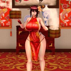 Rule 34 | 1girl, 3d, action taimanin, alternate costume, bare legs, bare shoulders, breasts, china dress, chinese clothes, chinese food, curvy, dress, fingernails, flower, flower on head, food, hair ornament, hand on own chest, highres, holding, holding food, huge breasts, looking at viewer, micro panties, mizuki shiranui, nail polish, official alternate costume, open mouth, panties, pelvic curtain, revealing clothes, shiny skin, short dress, side-tie panties, sideboob, smile, solo, standing, taimanin (series), taimanin yukikaze, tonyonioh, twitter username, underwear, wide hips