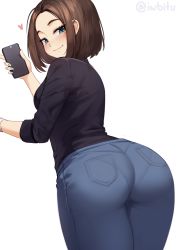 Rule 34 | 1girl, ass, black shirt, blue eyes, blue nails, blue pants, blush, brown hair, closed mouth, commentary, denim, freckles, from behind, heart, highres, holding, holding phone, iwbitu, jeans, looking at viewer, mole, mole under eye, nail polish, pants, pantylines, phone, samsung, samsung sam, shirt, short hair, simple background, smile, solo, white background