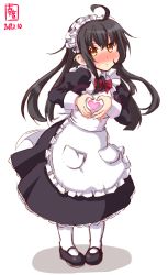 Rule 34 | 1girl, ahoge, alternate costume, antenna hair, apron, artist logo, black dress, black footwear, black hair, blush, closed mouth, cowboy shot, dated, dress, embarrassed, enmaided, full body, hair between eyes, heart, heart hands, highres, kanon (kurogane knights), kantai collection, long hair, long sleeves, looking at viewer, maid, maid apron, maid headdress, mikazuki (kancolle), pantyhose, pocket, puffy sleeves, red neckwear, shoes, signature, simple background, solo, standing, white apron, white background, white pantyhose