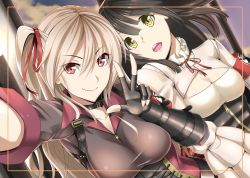 Rule 34 | &gt;:), 2girls, armband, bad id, bad pixiv id, black gloves, blonde hair, breasts, brown hair, choker, cleavage, dutch angle, fingerless gloves, gloves, hair ribbon, large breasts, long hair, looking at viewer, medium breasts, multiple girls, neck ribbon, one side up, open mouth, original, outstretched arm, red eyes, red ribbon, ribbon, shirt, taut clothes, taut shirt, v-shaped eyebrows, w, yellow eyes, yukikaze (aaassszzz), zipper