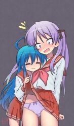 2girls absurdres ahoge assisted_exposure blue_hair blush bow bow_panties closed_eyes clothes_lift cowboy_shot elementary_(lolipope) female_focus grey_background hair_ribbon highres hiiragi_kagami izumi_konata long_hair looking_down lucky_star matching_hair/eyes multiple_girls open_mouth panties purple_eyes purple_hair purple_panties red_skirt ribbon school_uniform shirt simple_background skirt skirt_lift standing twintails underwear variant_set very_long_hair white_shirt yuri