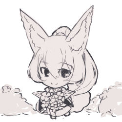 Rule 34 | 1girl, animal ear fluff, animal ears, barefoot, bouquet, chibi, closed mouth, commentary request, flower, fox ears, fox girl, fox tail, full body, greyscale, hair between eyes, highres, holding, holding bouquet, japanese clothes, kimono, long hair, long sleeves, looking at viewer, monochrome, original, ponytail, smile, solo, standing, tail, tail raised, very long hair, white background, wide sleeves, yuuji (yukimimi)