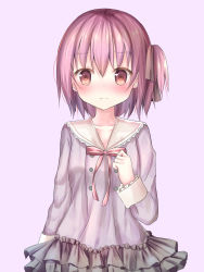 Rule 34 | 1girl, :|, bad id, bad pixiv id, blush, brown eyes, brown ribbon, closed mouth, collarbone, commentary request, dress, frilled dress, frills, hair between eyes, hair ribbon, highres, long sleeves, looking at viewer, minato tomoka, one side up, pink background, pink dress, pink hair, ribbon, rou-kyuu-bu!, school uniform, short hair, simple background, sleeve cuffs, solo, tsuruse