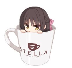 Rule 34 | 1girl, absurdres, black hair, bow, cafe stella to shinigami no chou, chibi, coffee mug, commentary request, cup, eyelashes, eyes visible through hair, hair between eyes, hair bow, half updo, highres, kaon zz, long hair, looking at viewer, mole, mole under eye, mug, paw print, peeking out, pink bow, shiki natsume, solo, transparent background, yellow eyes