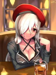 Rule 34 | 1girl, bad id, bad pixiv id, beret, blush, braid, breast pocket, breasts, cleavage, closed mouth, collarbone, commentary request, cup, dated, drinking glass, g36c (girls&#039; frontline), girls&#039; frontline, glass, hair over one eye, hat, highres, large breasts, leonat, long hair, long sleeves, looking at viewer, military, military uniform, pocket, red eyes, red hat, side braid, sidelocks, signature, silver hair, smile, solo, sweat, table, twirling hair, uniform, window