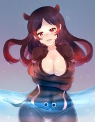 Rule 34 | 1girl, ancolatte (onikuanco), animal ears, arms under breasts, black hair, blush, breast hold, breasts, cleavage, collarbone, collared jacket, cowboy shot, dripping, extra ears, fake tail, floating hair, gloves, half-closed eyes, hand on own arm, head tilt, heart, highres, hippopotamus (kemono friends), hippopotamus ears, jacket, kemono friends, large breasts, long hair, long sleeves, looking at viewer, multicolored hair, open mouth, pants, partially submerged, partially unzipped, red eyes, red hair, seductive smile, smile, solo, tail, two-tone hair, water, wet, zipper, zipper pull tab