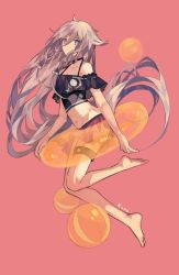 Rule 34 | 1girl, artist name, ball, beachball, black one-piece swimsuit, blue eyes, braid, commentary, crop top, from side, full body, grey hair, hair between eyes, halterneck, highres, ia (vocaloid), innertube, kaneblob, long hair, looking at viewer, miniskirt, navel, one-piece swimsuit, original, pink background, red skirt, sidelocks, simple background, skirt, solo, stomach, swim ring, swimsuit, very long hair, vocaloid