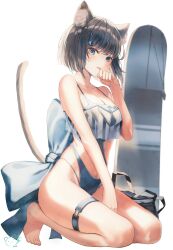 Rule 34 | 1girl, animal ears, bag, bare arms, bare legs, bare shoulders, barefoot, black hair, black one-piece swimsuit, blue eyes, bow, breasts, cat ears, cat girl, cat tail, cleavage, clothing cutout, crop top, crop top overhang, feet, hair ornament, hairclip, hand up, highleg, highleg swimsuit, highres, kneeling, legs, licking, licking hand, looking at viewer, medium breasts, one-piece swimsuit, original, ruda (ruda e), see-through, short hair, side cutout, simple background, solo, spaghetti strap, surfboard, swimsuit, tail, tail raised, thigh strap, thighs, white background