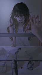 Rule 34 | 1girl, blonde hair, brown hair, crying, crying with eyes open, cup, fingernails, gradient hair, hair between eyes, hand on mirror, highres, leaning on table, long hair, mirror, multicolored hair, open mouth, original, paddy field, reflection, sink, solo, tank top, tears, toothbrush, white tank top, yellow eyes