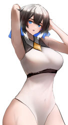 Rule 34 | 1girl, absurdres, arknights, armpits, arms behind head, arms up, bare arms, bare shoulders, black hair, blue eyes, blue hair, blue lips, breasts, bright pupils, colored tips, covered navel, cowboy shot, head tilt, highres, kjera (arknights), large breasts, leotard, looking at viewer, multicolored hair, simple background, sleeveless, two-tone hair, wawamachi (wawamachis), white background, wide hips