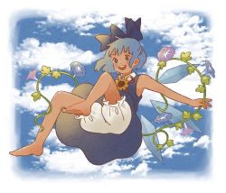 Rule 34 | 1girl, :d, barefoot, bloomers, blue bow, blue dress, blue eyes, blue hair, bow, cirno, cloud, dot nose, dress, flower, hair bow, highres, morning glory, open mouth, outstretched arms, short hair, sleeveless, sleeveless dress, smile, spread arms, tan, tanned cirno, teeth, toe miyama, touhou, underwear, upper teeth only, v-shaped eyebrows