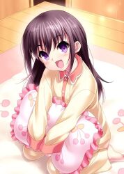 Rule 34 | 1girl, :d, barefoot, black hair, charlotte (anime), child, commentary request, frilled pillow, frills, hair between eyes, head tilt, hugging object, indoors, light blush, long hair, long sleeves, looking at viewer, open mouth, otosaka ayumi, pajamas, pillow, pillow hug, purple eyes, sitting, smile, solo, wariza, yellow pajamas, zen (kamuro)