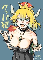 Rule 34 | 1girl, blonde hair, blue eyes, bowsette, breasts, breath weapon, breathing fire, cleavage, collar, collarbone, crown, fang, fire, highres, horns, large breasts, mario (series), nakachiruno, new super mario bros. u deluxe, nintendo, shell, spiked collar, spiked shell, spikes, super crown, translated