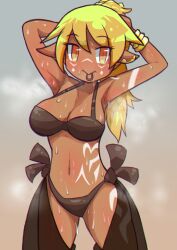 Rule 34 | 1girl, absurdres, armlet, armpits, arms up, bleuzer, blonde hair, bra, breasts, cleavage, commission, dark skin, elf, eyelashes, grey background, hair between eyes, hair tie, hair tie in mouth, highres, large breasts, looking at viewer, mouth hold, navel, orange eyes, original, pointy ears, ponytail, sidelocks, simple background, steam, steaming body, stomach, sweat, tattoo, thigh gap, underwear