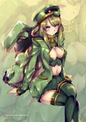 Rule 34 | 1girl, blush, breasts, embarrassed, geara zulu, green hair, gundam, gundam unicorn, hat, highres, i.takashi, jacket, large breasts, looking at viewer, mecha, mecha musume, open clothes, open jacket, personification, red eyes, robot, sitting, skirt, solo, thighhighs