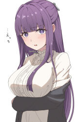 Rule 34 | 1girl, arm under breasts, artist name, blunt bangs, blush, breasts, fern (sousou no frieren), highres, korokoro nekoz, large breasts, long hair, looking at viewer, off shoulder, open mouth, purple eyes, purple hair, shirt, simple background, solo, sousou no frieren, white background, white shirt