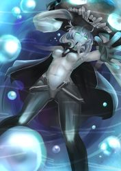 Rule 34 | 10s, 1girl, absurdres, abyssal ship, bad id, bad pixiv id, bodysuit, bubble, cape, cure slum, gloves, green eyes, hat, highres, kantai collection, long hair, navel, outstretched arm, pale skin, silver hair, solo, tears, teeth, wo-class aircraft carrier