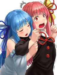 Rule 34 | 2girls, black sleeves, blue hair, breasts, closed eyes, detached sleeves, furrowed brow, hair ornament, hand under clothes, hands up, highres, kotonoha akane, kotonoha aoi, kurione (zassou), long hair, multiple girls, open mouth, pink hair, red eyes, siblings, simple background, sisters, small breasts, tears, teeth, voiceroid, white background, white sleeves, wide sleeves