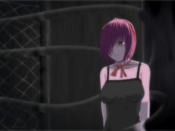 Rule 34 | 00s, 1girl, arms at sides, blood, bow, bowtie, breasts, dark, dress, elfen lied, kaede (character), lace, large breasts, lucy (elfen lied), pink eyes, pink hair, shirt, short hair, solo, vector trace, vectors, wallpaper