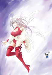 Rule 34 | 1girl, akizuki tsukasa (forbidden heart), angel wings, boots, breasts, cleavage, dagger, female focus, final fantasy, final fantasy tactics, gloves, head wings, highres, knife, large breasts, leotard, long hair, red eyes, sheep, solo, thigh boots, thighhighs, ultima (fft), weapon, white hair, wings