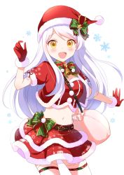 Rule 34 | 1girl, :d, bell, belt, black belt, bow, bow skirt, bowtie, buchi (y0u0ri ), carrying, christmas, commentary request, cowboy shot, cropped jacket, eve santaclaus, fur-trimmed skirt, fur trim, gloves, hat, hat bow, highres, idolmaster, idolmaster cinderella girls, jacket, layered skirt, long hair, looking at viewer, midriff, miniskirt, navel, neck bell, open mouth, puffy short sleeves, puffy sleeves, red gloves, red hat, red jacket, red shirt, sack, santa costume, santa gloves, santa hat, shirt, short sleeves, simple background, skirt, smile, snowflakes, solo, standing, star (symbol), swept bangs, thigh strap, white background, yellow eyes