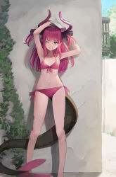 Rule 34 | 1girl, arms up, asymmetrical horns, bikini, blue eyes, building, curled horns, day, dragon girl, dragon horns, dragon tail, elizabeth bathory (fate), elizabeth bathory (fate/extra ccc), fate/extra, fate/extra ccc, fate (series), flat chest, front-tie bikini top, front-tie top, highres, horns, long hair, navel, one eye closed, outdoors, pink bikini, pink hair, pointy ears, side-tie bikini bottom, solo, standing, sunga2usagi, swimsuit, tail, two side up, undressing, uneven horns