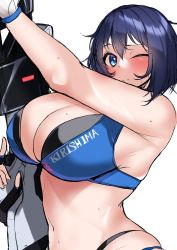 Rule 34 | 1girl, absurdres, armpits, bare arms, bikini, black bikini, black hair, blue bikini, blue eyes, blush, breasts, cleavage, closed mouth, commentary request, dolphin wave, hair between eyes, highres, holding, holding weapon, kshimu, large breasts, layered bikini, looking at viewer, navel, one eye closed, short hair, simple background, solo, standing, swimsuit, tojou michiru, upper body, weapon, white background