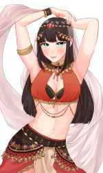 Rule 34 | 1girl, absurdres, aqua eyes, arabian clothes, arm over head, armlet, artist name, artist request, bare shoulders, black hair, blunt bangs, blush, breasts, bustier, cleavage, dancer, earrings, female focus, gold trim, green eyes, hair ornament, hands over head, harem outfit, highres, jewelry, kurosawa dia, long hair, looking at viewer, love live!, love live! school idol festival, love live! sunshine!!, medium breasts, mole, mole under mouth, parted lips, pink lips, red skirt, skirt, small breasts, smile, solo, veil, white background
