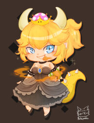Rule 34 | 1girl, armlet, artist name, black dress, black footwear, blonde hair, blue eyes, bowsette, bracelet, breasts, breath weapon, breathing fire, butapoko, chibi, collar, commentary, crown, dress, eyelashes, fire, full body, grin, highres, horns, jewelry, large breasts, mario (series), new super mario bros. u deluxe, nintendo, pointy ears, ponytail, sharp teeth, smile, spiked armlet, spiked bracelet, spiked collar, spiked shell, spiked tail, spikes, super crown, tail, teeth, turtle shell