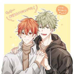Rule 34 | 2boys, black hoodie, blush, brown sweater, given, highres, holding hands, hood, hoodie, jacket, light green hair, male focus, multiple boys, open clothes, open jacket, open mouth, outline, pinoli (pinoli66), red hair, satou mafuyu, second-party source, smile, sweater, translation request, turtleneck, turtleneck sweater, white jacket, white outline, yaoi, yellow background, yoshida yuki (given)