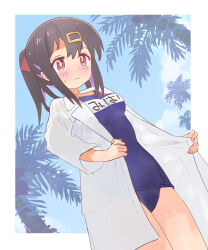 Rule 34 | 1girl, bare legs, black hair, blue one-piece swimsuit, blue sky, blush, breasts, brown eyes, character name, cloud, coat, colored inner hair, commentary, day, dot nose, hair between eyes, hair ornament, hair ribbon, hairclip, highres, kyarahiba, lab coat, long sleeves, medium breasts, multicolored hair, name tag, old school swimsuit, one-piece swimsuit, onii-chan wa oshimai!, open clothes, open coat, outdoors, oyama mihari, palm tree, purple hair, red ribbon, ribbon, school swimsuit, sky, solo, swimsuit, swimsuit under clothes, tree, twintails, two-tone hair