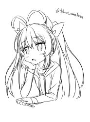 Rule 34 | 1girl, amakusa tobari, antenna hair, blush, elbow rest, eyebrows, greyscale, hair ribbon, hand on own face, head rest, holding, holding pencil, long hair, long sleeves, looking away, miyauchi renge, monochrome, non non biyori, open mouth, pencil, ribbon, simple background, sketch, solo, twintails, twitter username, upper body