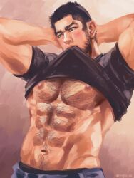 Rule 34 | 1boy, abs, arms behind head, bara, beard, black hair, black shirt, blue male underwear, blush, bulge, buzz cut, chest hair, clothes in mouth, cowboy hat, facial hair, golden kamuy, hairy, hat, large pectorals, lifted by self, looking to the side, male focus, male underwear, mature male, mouth hold, muscular, muscular male, navel, navel hair, nipples, nopinzo, painterly, pectorals, shirt, shirt in mouth, short hair, sketch, solo, stomach, tanigaki genjirou, thick eyebrows, underpec, underwear, very short hair