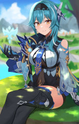 Rule 34 | 1girl, aqua hair, asato (fadeless), asymmetrical hair, black hairband, black thighhighs, blue necktie, blurry, blurry background, blush, breasts, closed mouth, clothing cutout, covered navel, crossed legs, day, eula (genshin impact), genshin impact, gloves, grass, hair flaps, hair ornament, hairband, hand up, highres, ice crystal, large breasts, leotard, long sleeves, looking at viewer, necktie, outdoors, shoulder cutout, sidelocks, sitting, smile, solo, thighhighs, thighs, tree, vision (genshin impact), yellow eyes
